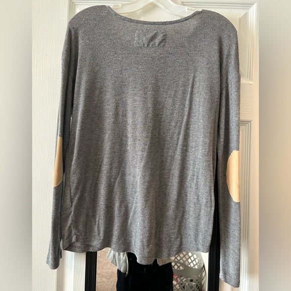 Grey sweater with tan elbow pads and tan buttons on the front - Picture 2 of 2